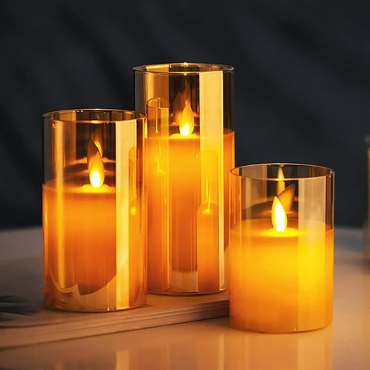 Golden Glass LED Moving Flame Pillar Candle